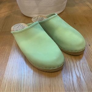 Mint green suede clogs, size 7.5